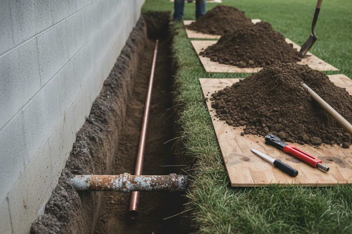 Excavated water line trench during Water Heater Repair in Walls